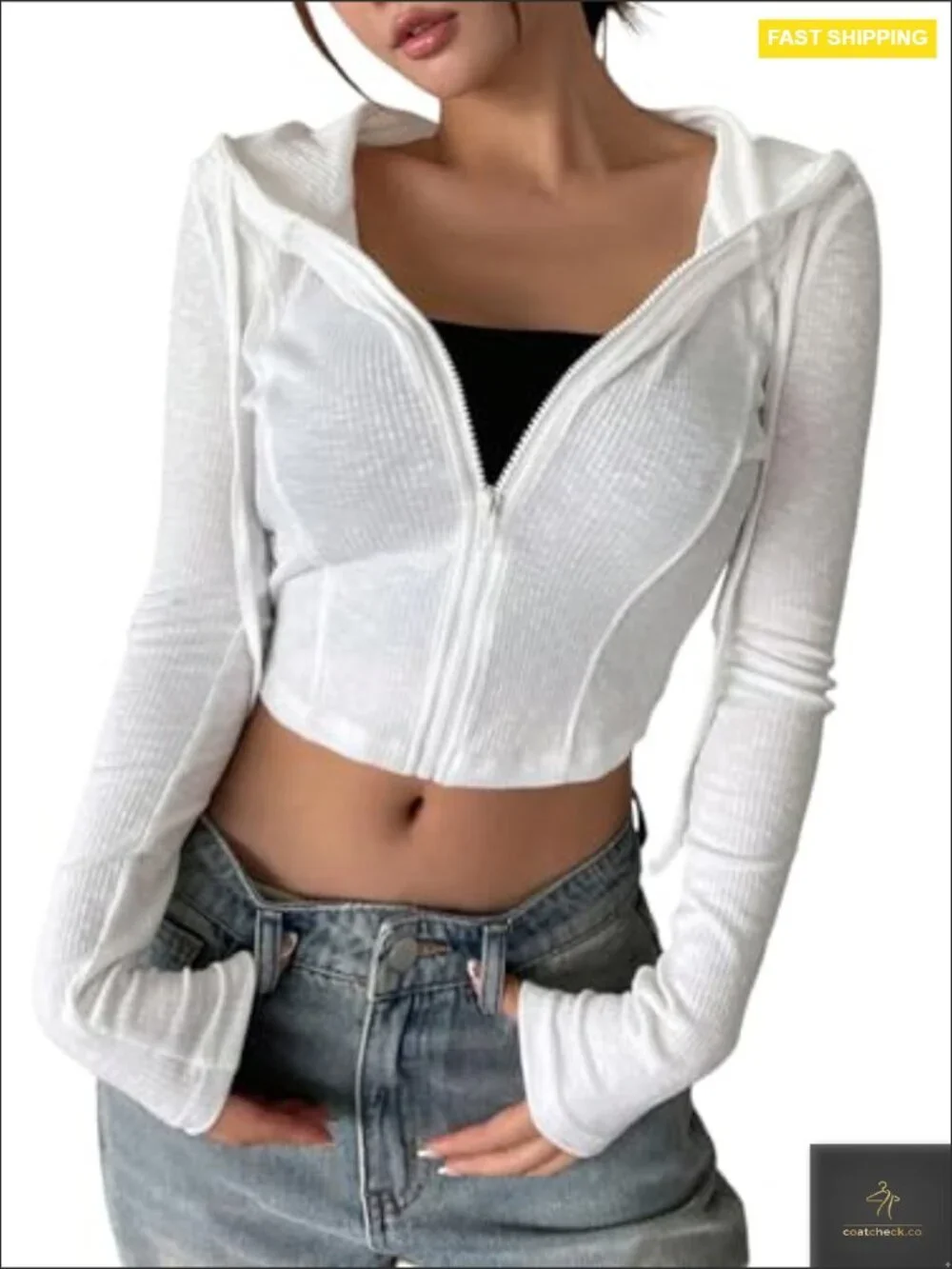 Cropped Zip Up Hoodie Lightweight Long Sleeve Rib Knit Slim Crop Jacket Casual